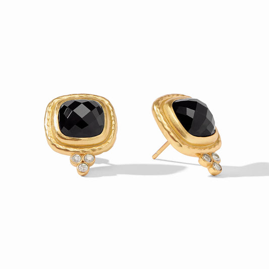 Rounded square gold stud with black jewels in the center. 