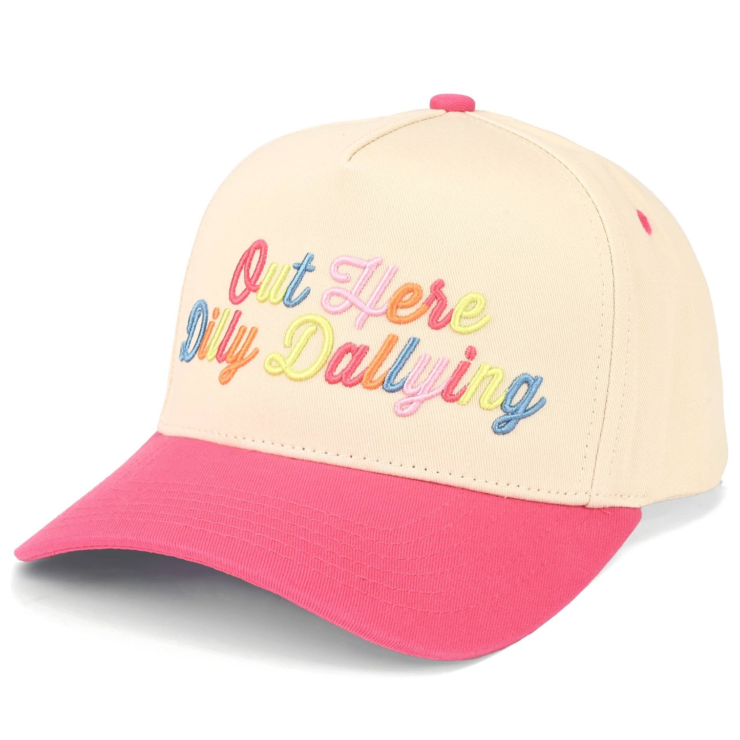 OUT HERE DILLY DALLYING Letter on Two Tone Trucker Hat