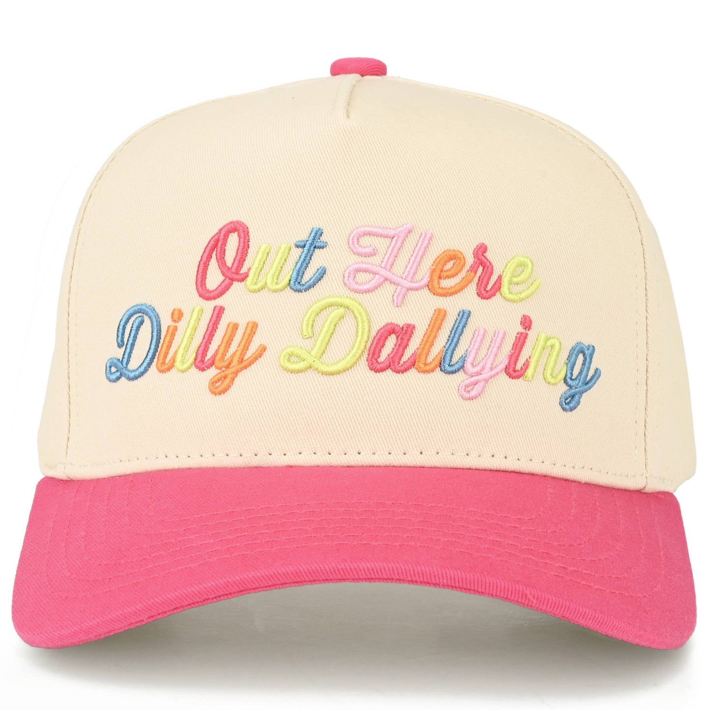 OUT HERE DILLY DALLYING Letter on Two Tone Trucker Hat