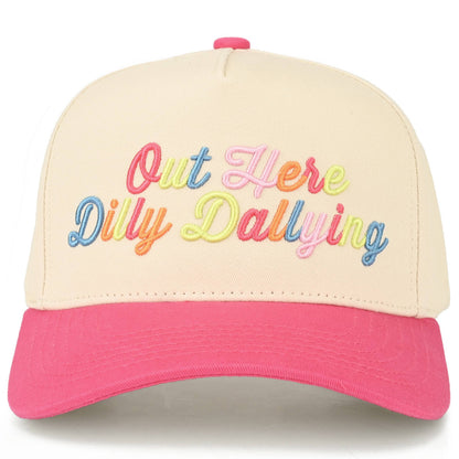 OUT HERE DILLY DALLYING Letter on Two Tone Trucker Hat