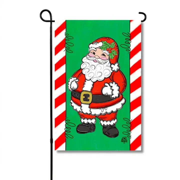 Christmas garden flag featuring a cheerful Santa Claus in a classic red suit on a bright green background, framed by red-and-white candy cane striped borders.