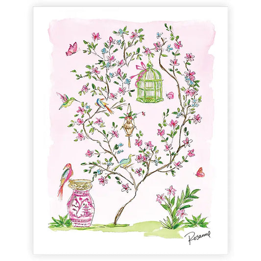 Handpainted Pink Enchanted Garden with Birdcage Art Print