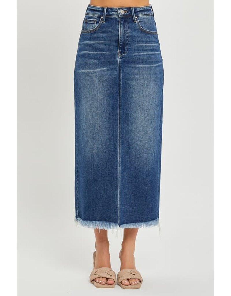 Dark wash, high waisted, long jean skirt with frayed hem and slit in the middle. 