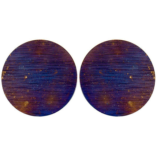 Blue purple hue colored round earrings with gold specs.