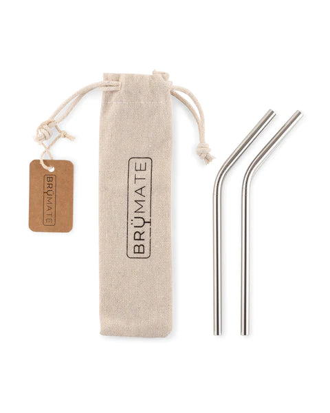 Two stainless steel reusable straws in a burlap package. 