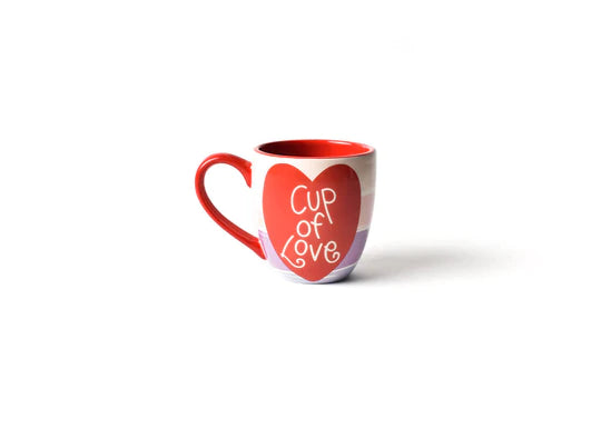 Cup of love ceramic mug, with purple and cream stripes and a red heart with "cup of love" in the middle. 