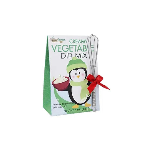 Creamy Vegetable dip mix in a festive illustrated box, accompanied by a small metal whisk tied with a green ribbon.