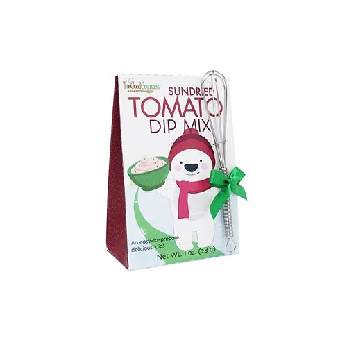 Sundried tomato dip mix in a festive illustrated box, accompanied by a small metal whisk tied with a green ribbon.