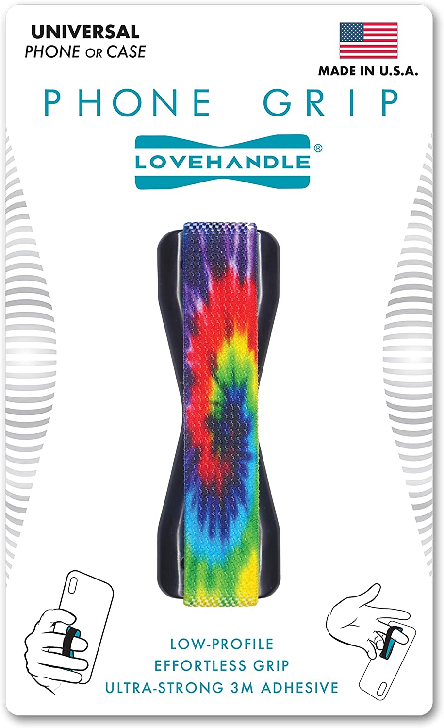 Rainbow tie dye phone grip, made to be used as a phone handle or kickstand for your phone.