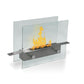 Anywhere fireplace than can be placed on a tabletop indoors, with a metal base and full glass frame. 