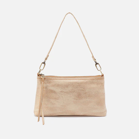 Hobo Darcy purse, small rectangular crossbody with long shoulder strap in gold leaf.