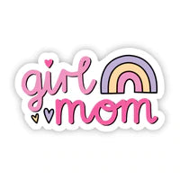 Girl mom sticker with a purple, yellow, and pink rainbow on the side with purple and yellow hearts/ 