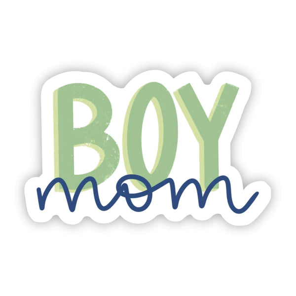 Boy mom stickers with boy written in green block font and mom written in blue cursive underneath. 