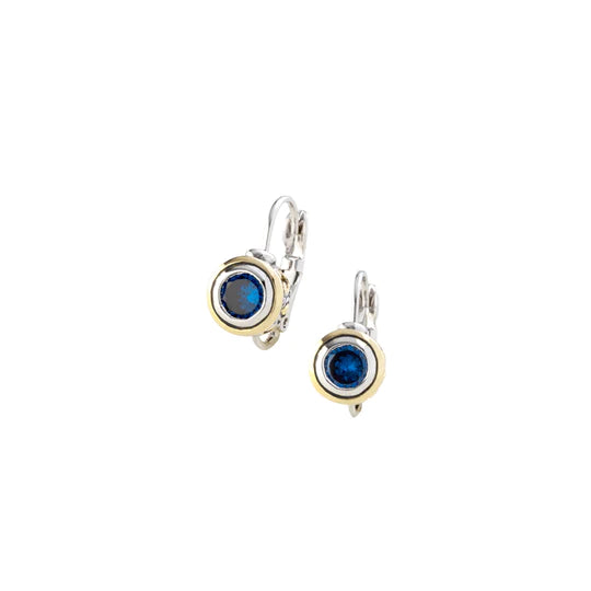 Silver stud earring with deep blue circle jewel. with gold accent.