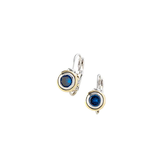 Silver stud earring with deep blue circle jewel. with gold accent.