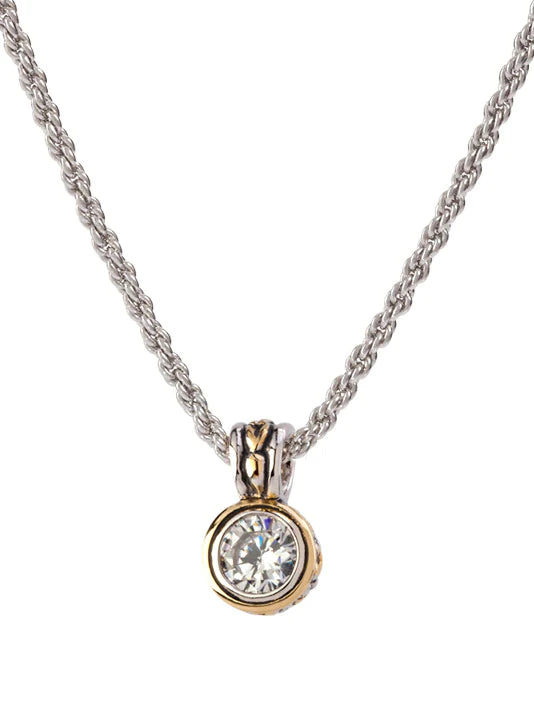 Silver Chain necklace with small diamond pendant outlined in gold.