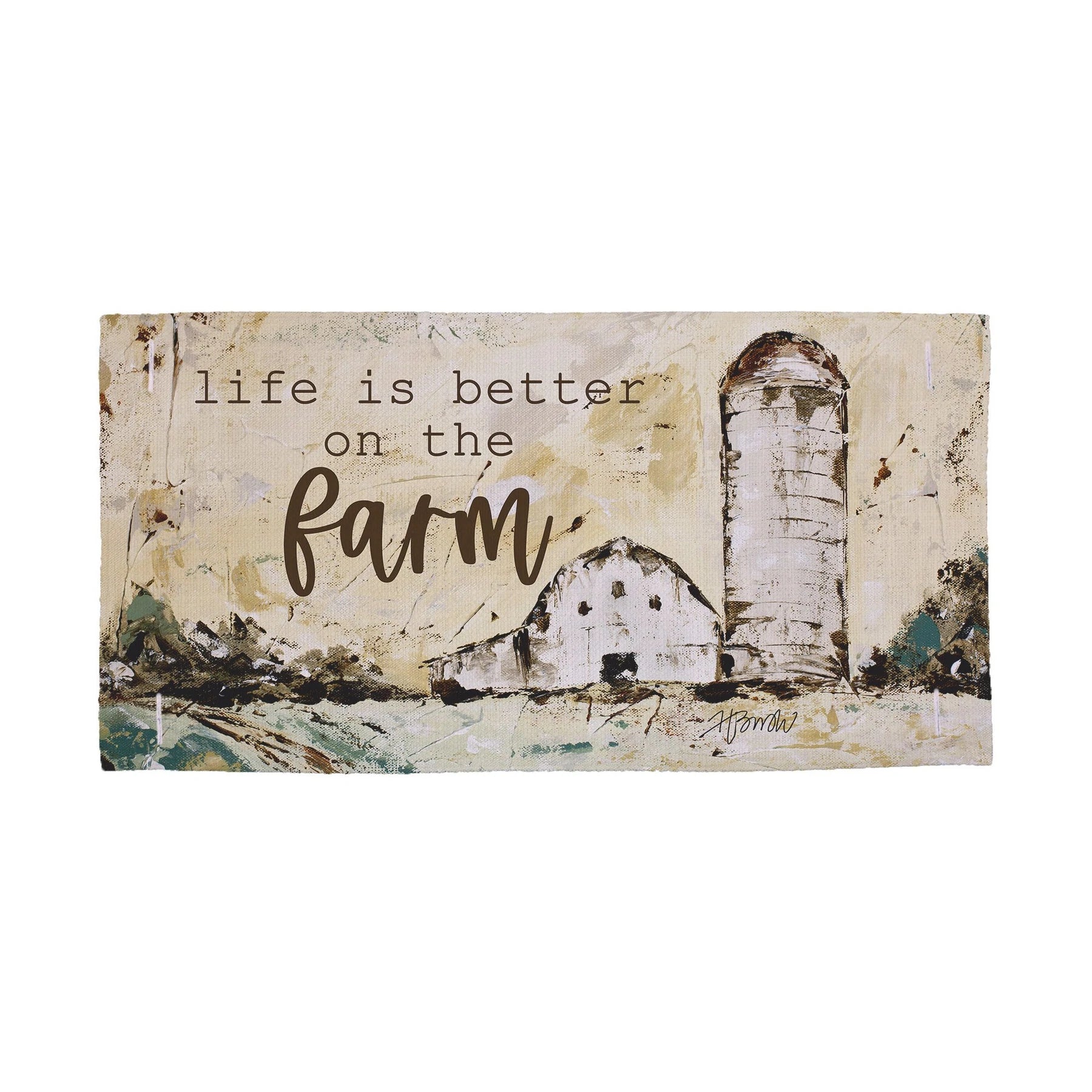 Life is better on the farm pillow swap with old white barn background