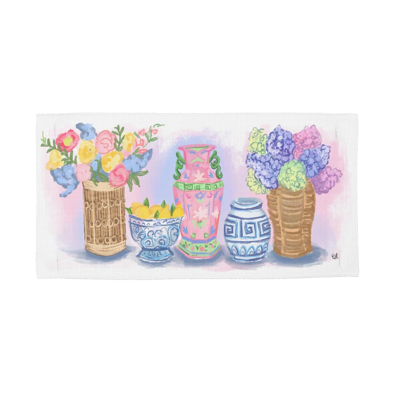 Pastel Colored Pillow Swap with vases filled with flowers and lemons