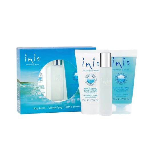 Inis trio gift set, includes a travel sized body lotion, cologne, and shower gel.