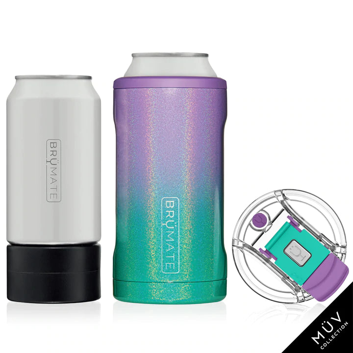 Mermaid glitter, green and purple Brumate Trio, made for cans. with the ability to hold a 10oz or 12 oz can. Includes a top so the trio can turn into a cup to drink diractly from, also comes with an icepack adapter for the 12 oz can.