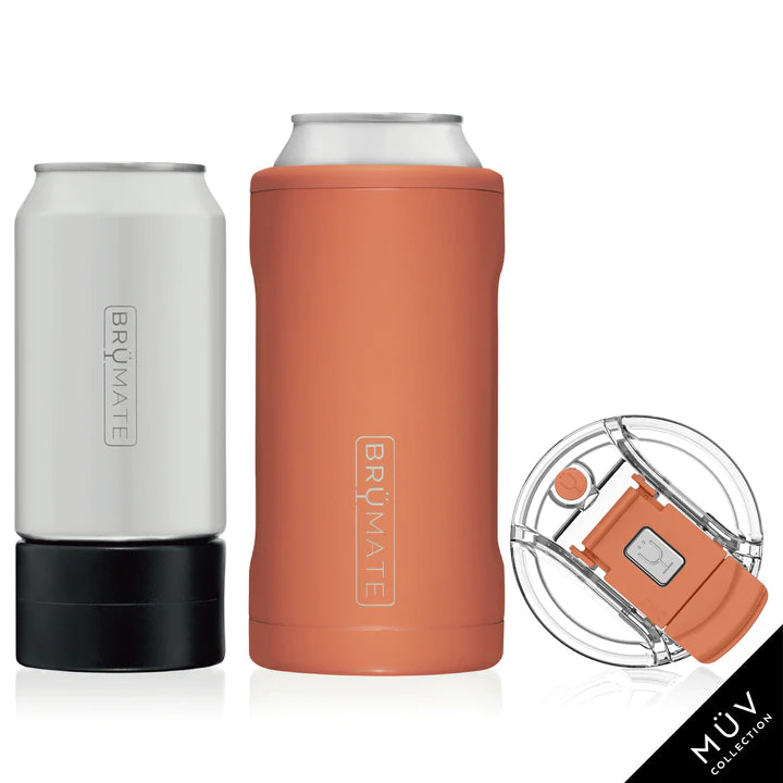 Orange Brumate Trio, made for cans. with the ability to hold a 10oz or 12 oz can. Includes a top so the trio can turn into a cup to drink diractly from, also comes with an icepack adapter for the 12 oz can.