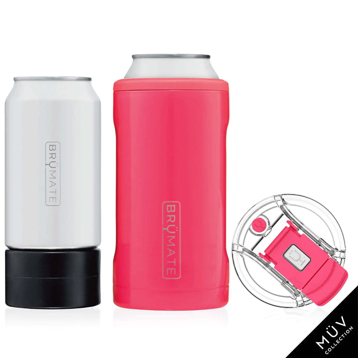Hot pink Brumate Trio, made for cans. with the ability to hold a 10oz or 12 oz can. Includes a top so the trio can turn into a cup to drink diractly from, also comes with an icepack adapter for the 12 oz can.