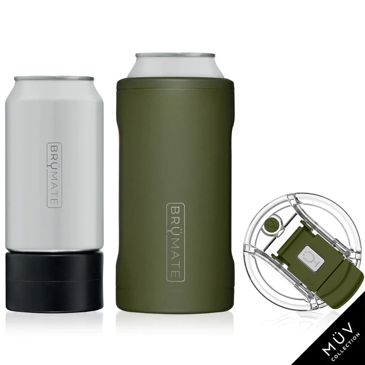 Army green Brumate Trio, made for cans. with the ability to hold a 10oz or 12 oz can. Includes a top so the trio can turn into a cup to drink diractly from, also comes with an icepack adapter for the 12 oz can.