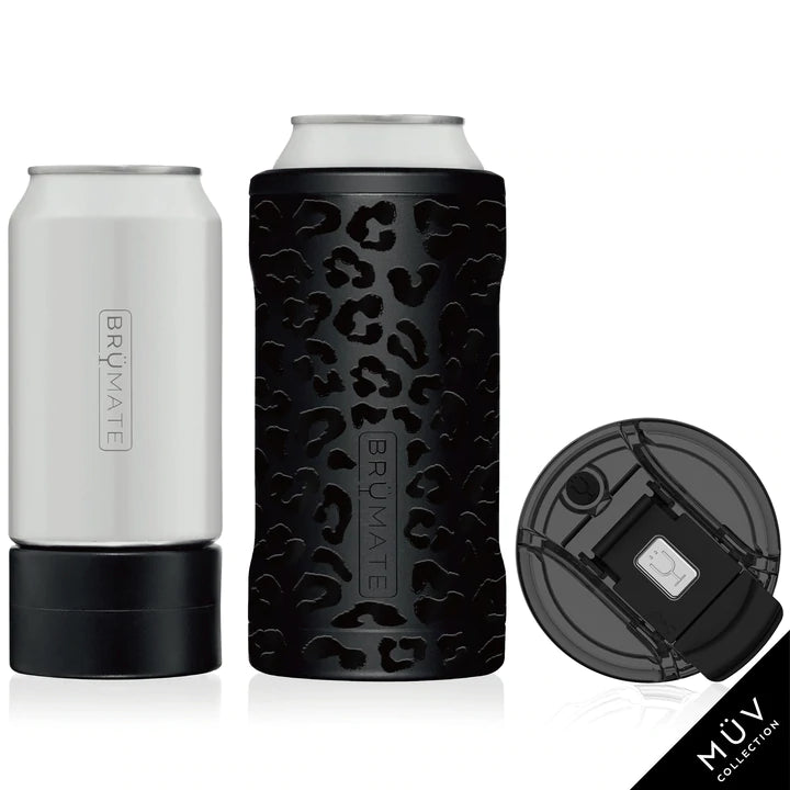 Black leopard Brumate Trio, made for cans. with the ability to hold a 10oz or 12 oz can. Includes a top so the trio can turn into a cup to drink diractly from, also comes with an icepack adapter for the 12 oz can.