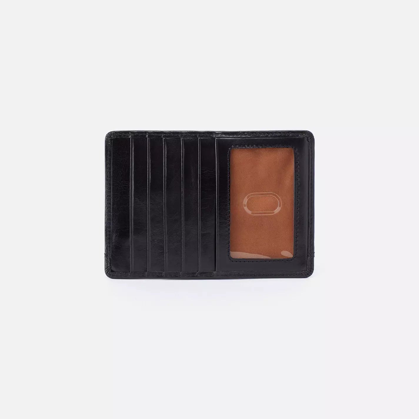 Hobo Euroslide wallet with seven pockets on side and a clear ID pocket, and a coin zipper on the back, in the color black.