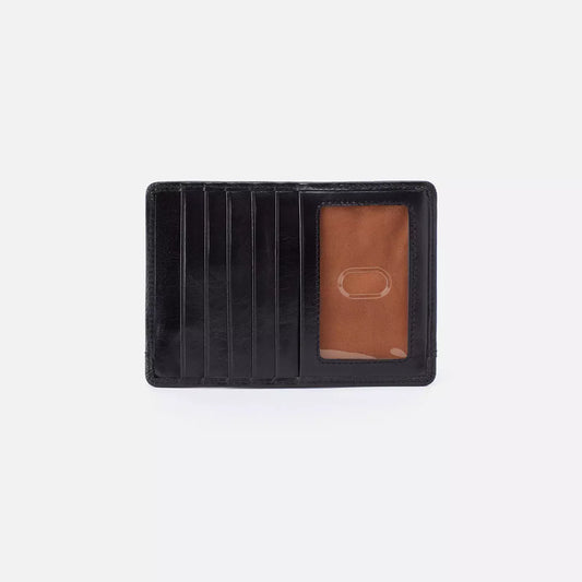 Hobo Euroslide wallet with seven pockets on side and a clear ID pocket, and a coin zipper on the back, in the color black.
