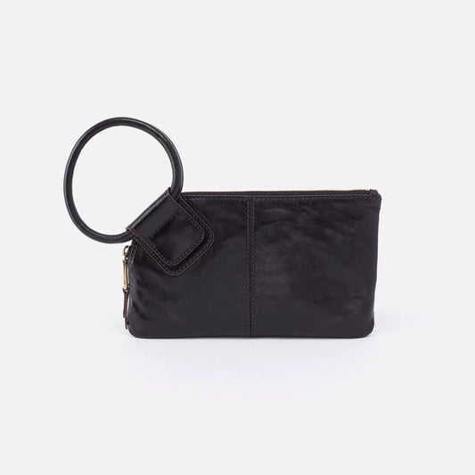 Small wristlet, Hobo Sable purse, with large wrist loop on the end of the wristlet. The purse is in the color black. 
