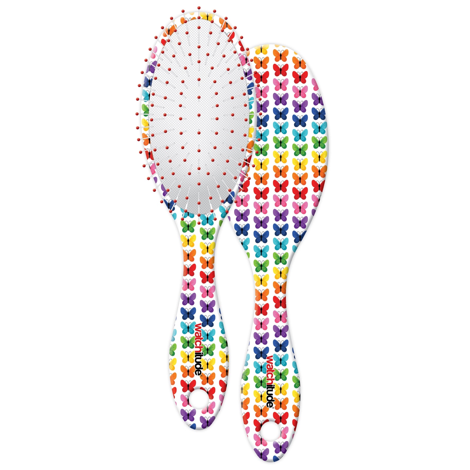 Multi-colored butterfly print hairbrush with white bristles. 