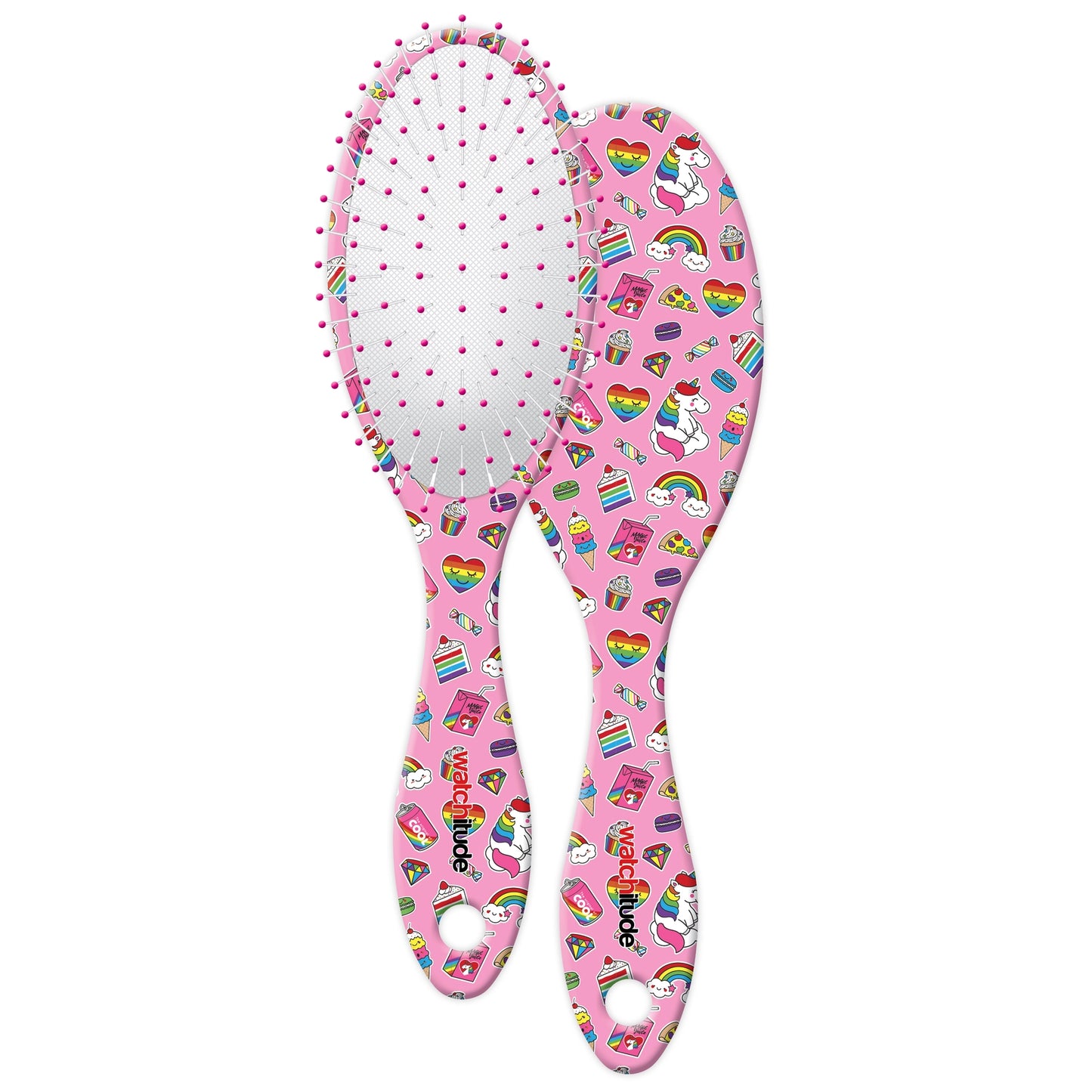 Pink hairbrush with multi-colored prints of unicorns, rainbows, hearts, cakes, juiceboxes, and macaroons, with white bristles with pink tips.
