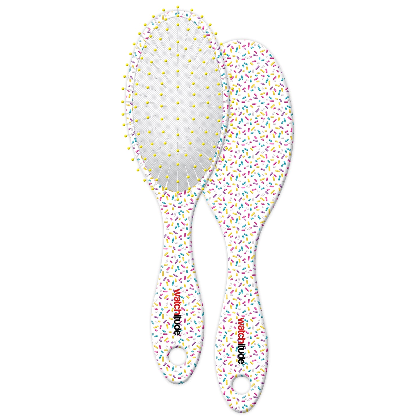 White hairbrush with multi-colored confetti sprinkles and white bristles with yellow tips.