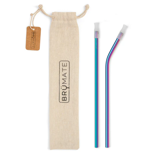 Burlap straw case & two metal reusable straws, one straight and one bent, with clear rubber ends