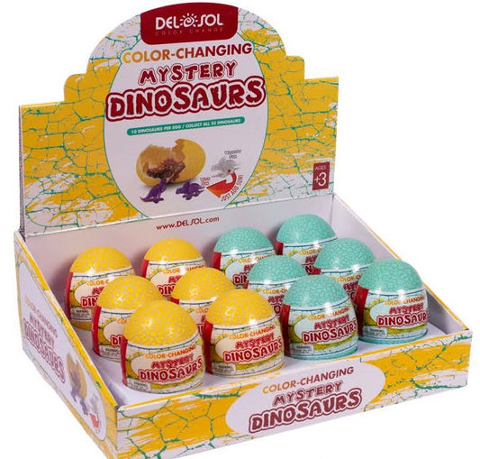 Twelve pack of mystery color-changing dinosaur eggs, yellow and blue.
