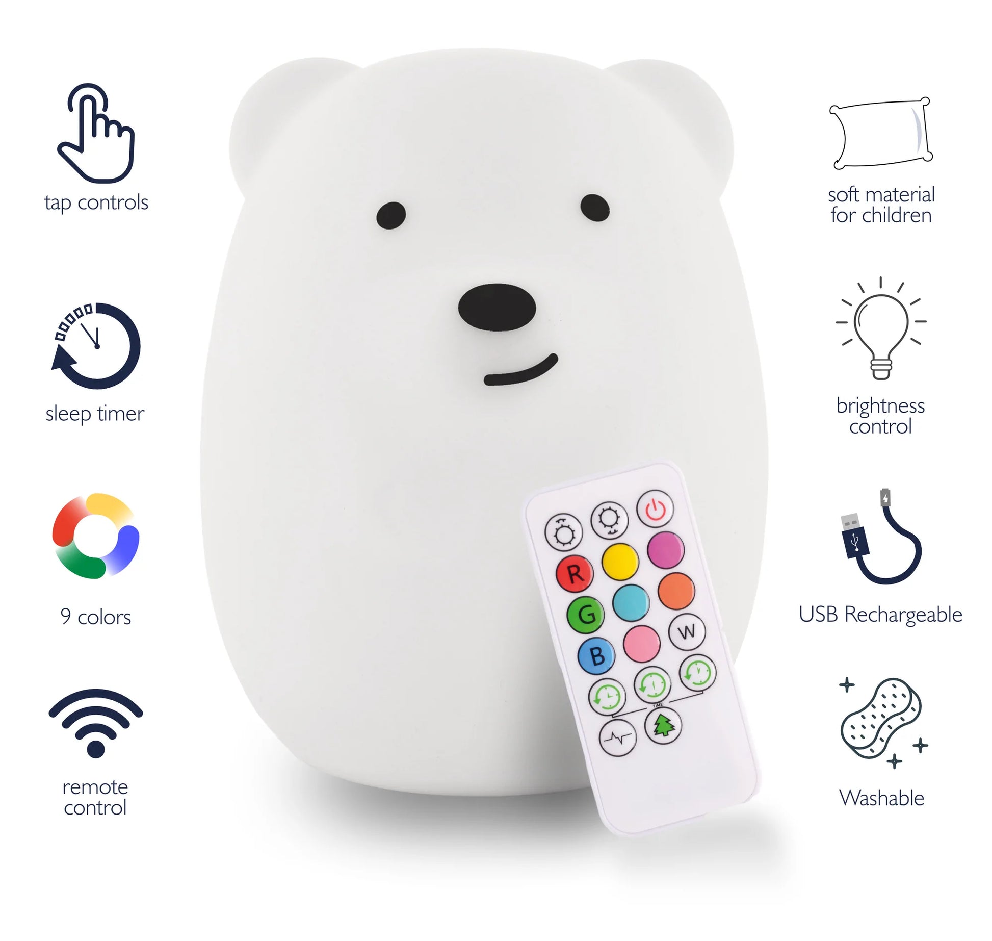 Round white silicon bear that lights up on touch, or with remote (included in picture)