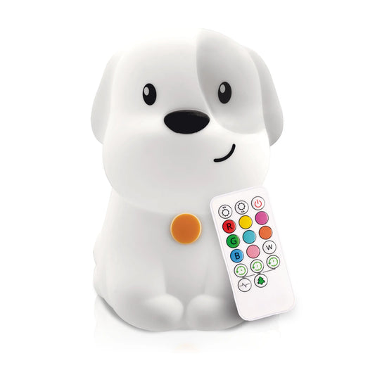 White Silicon Puppy with grey spot over right eye  that lights up on touch, or with remote (included in picture)