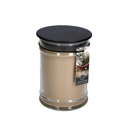 Large jar candle, in the scent of Afternoon Retreat, brown beige wax color.