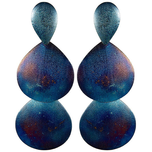 Blue and purple three tear, tear drop earrings, varnished metal.