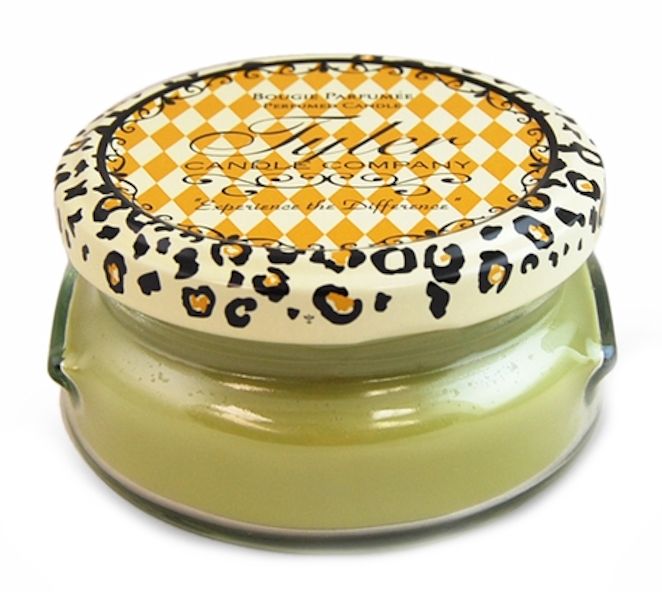 Small green candle by Tyler Candle Company with a cheetah screw top, in the scent Limelight.